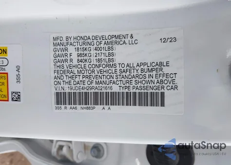 2024 Acura Integra from USA, damaged, VIN 19UDE4H29RA021616